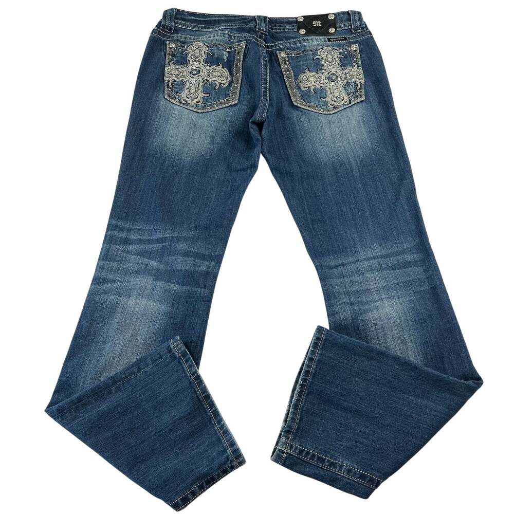 Miss Me Y2K Denim Blue Jeans Women's size 33X33 Boot cut Cross Pocket detail